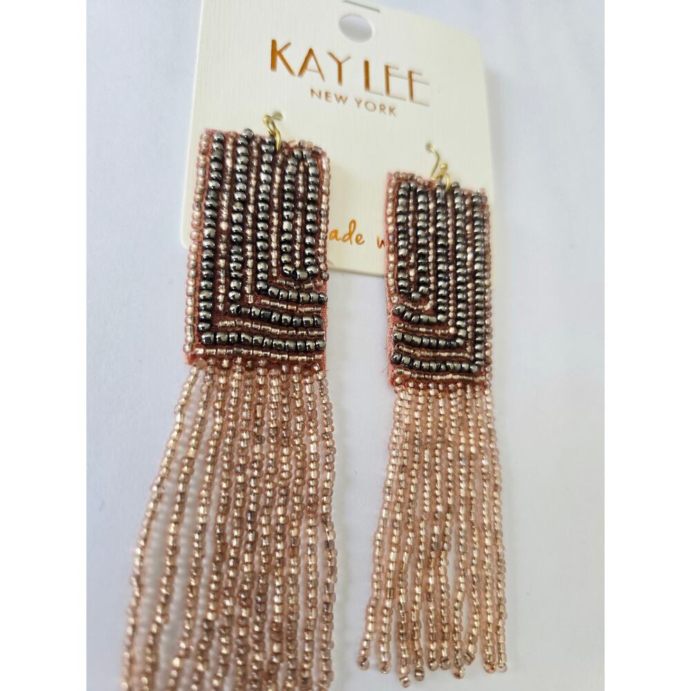 Kay Lee Natural Tone Beaded Fringe Earrings New - Picture 3 of 3